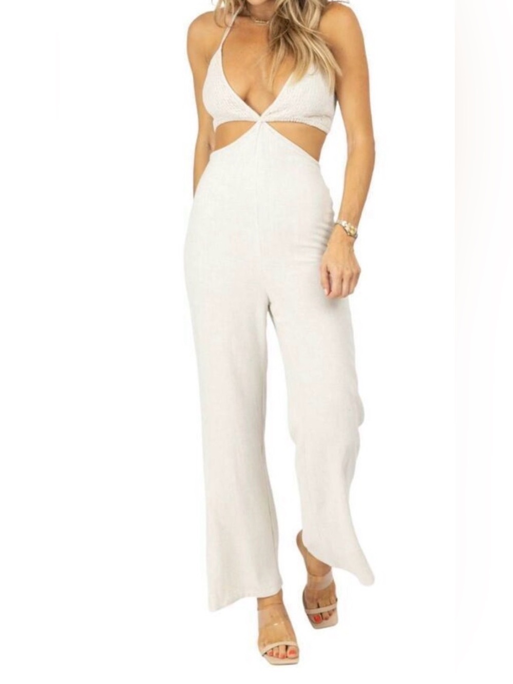 Women's Halter Cutout Wide Leg Jumpsuit Sleeveless Backless Boho Linen Romper